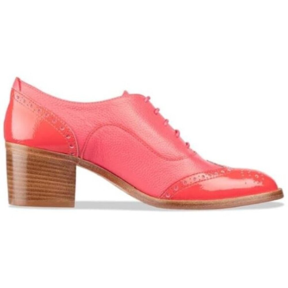 FOWT Women's Pink Perforated Lace-Up Oxfords Almond Toe Mid Chunky Heel Shoes